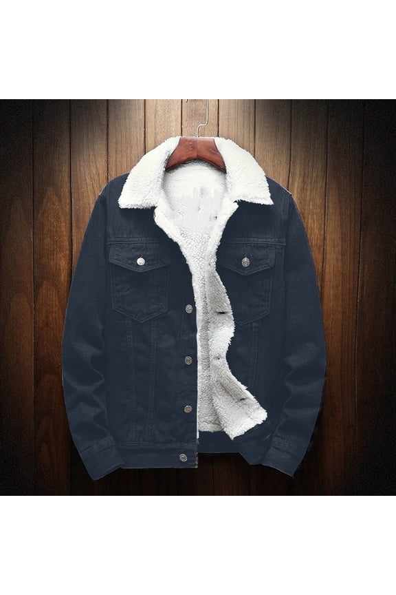 Men's Denim Jacket, Winter Fashion Solid Color Long Sleeve with Lapel and Pockets, Fleece-Lined Thickened Coat for Cold Weather and Daily Wear