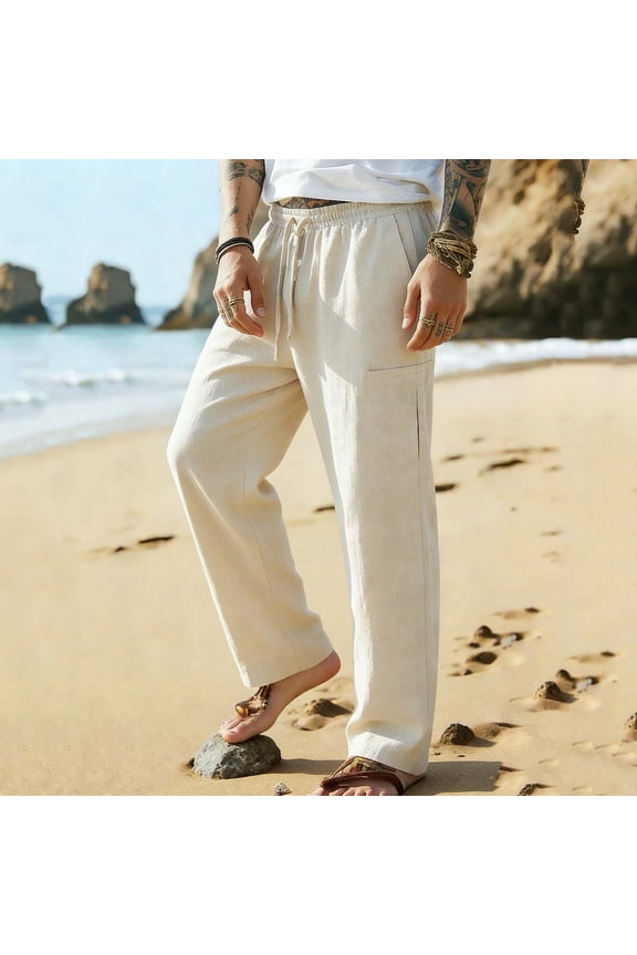 Men's Drawstring Pants, Loose Fit Straight Leg Casual Solid Color, Cotton Linen Blend Outdoor for Beach and Daily