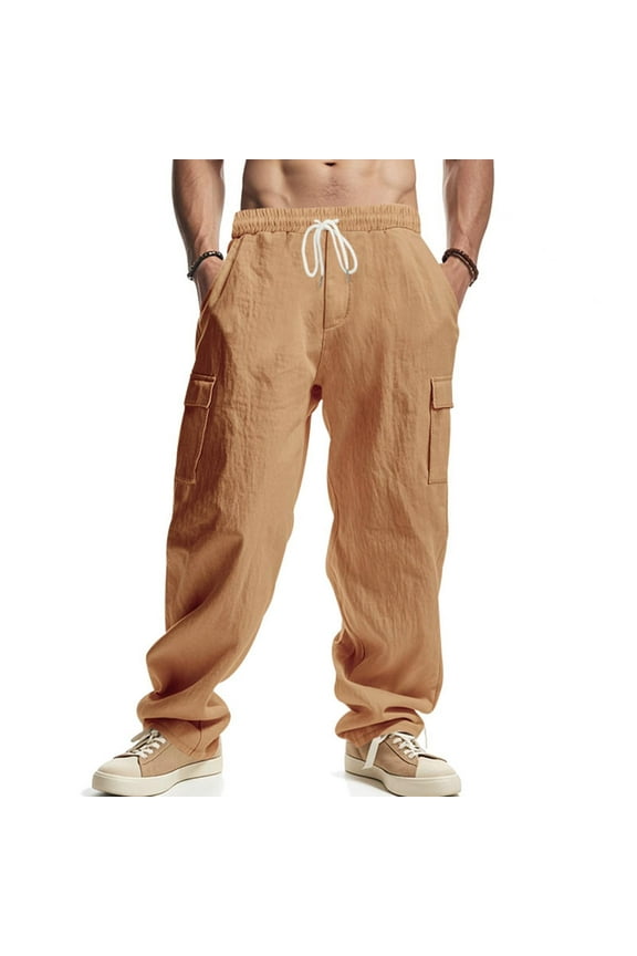 Men's Elastic Waist Work Cargo Pants with Drawstring Multi-Pocket Straight Leg Casual Utility