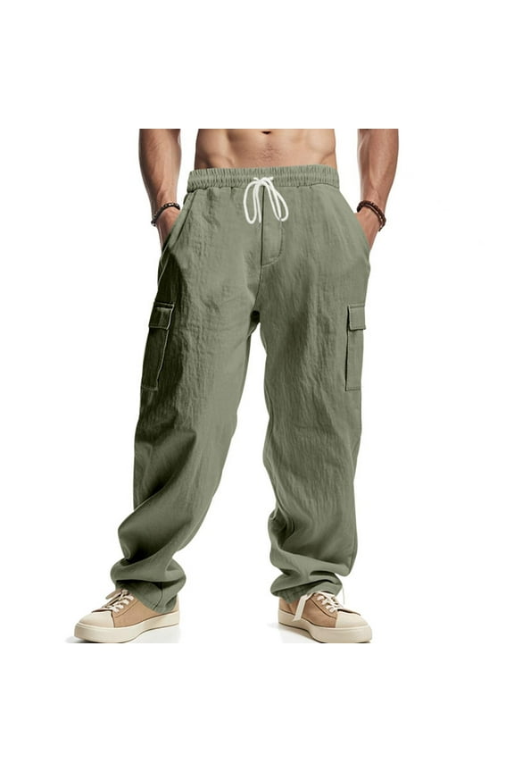 Men's Elastic Waist Work Cargo Pants with Drawstring Multi-Pocket Straight Leg Casual Utility