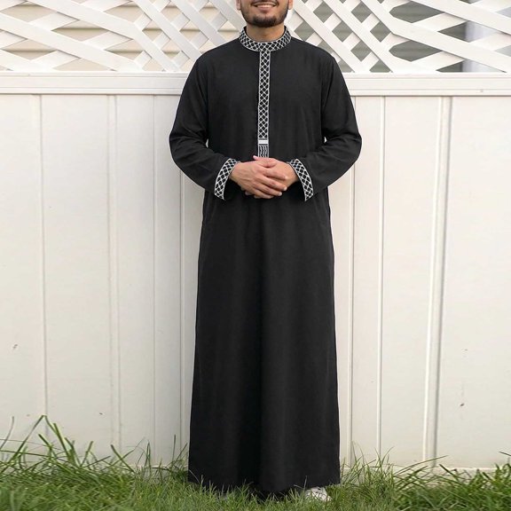 Handshe Men's Embroidered Long Sleeve Tunics, Loose Fit Stand Collar, Traditional Pullover for Daily and Home