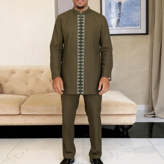 Handshe Men's Embroidered Striped Shirt and Pants Set, Stand Collar Long Sleeve with Zipper Closure, Elastic Waist Drawstring Straight Leg, Fashion Suit Outfit for Business Casual and Formal Wears