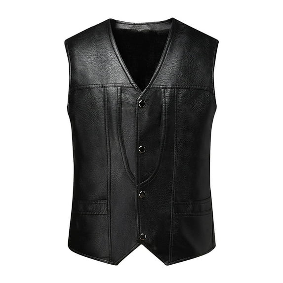 Handshe Men's Fashion Motorcycle Solid Color Collar Warm Sleeveless Casual Leather Jacket