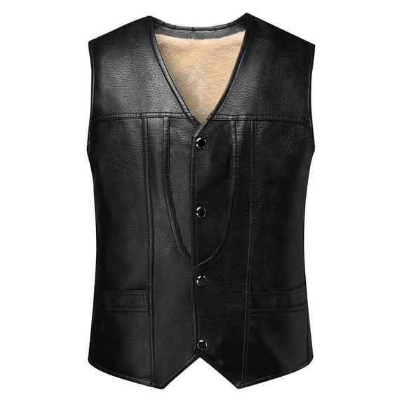 Handshe Men's Fashion Motorcycle Solid Color Collar Warm Sleeveless Casual Leather Jacket