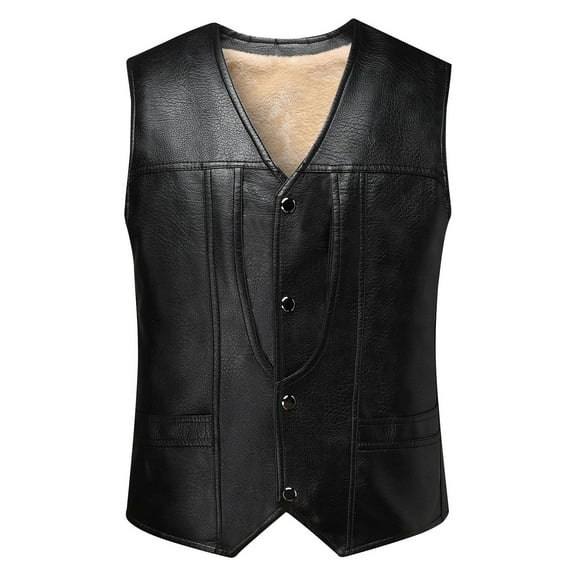 Handshe Men's Fashion Motorcycle Solid Color Collar Warm Sleeveless Casual Leather Jacket