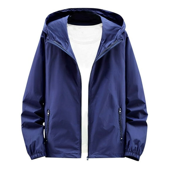 Handshe Men's Fashion Outdoor Hooded Jacket with Pockets, UPF 50+ Sun Protection Solid Color Zipper Casual Coat for Hiking Camping Outdoor Activities,Plus Size