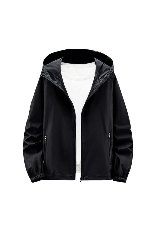 Men's Fashion Outdoor Hooded Jacket with Pockets, UPF 50+ Sun Protection Solid Color Zipper Casual Coat for Hiking Camping Outdoor Activities,Plus Size