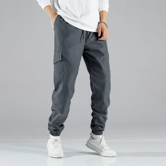Handshe Men's Fashion Solid Color Casual Cargo Pants with Elastic Waist, Comfortable and Stylish for Everyday Wear