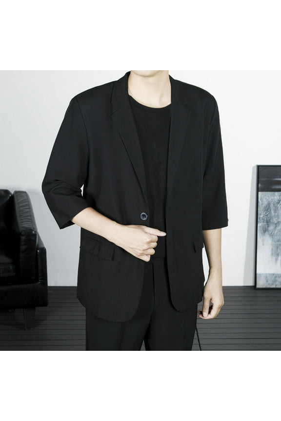 Men's Fashion Solid Color Three-Quarter Sleeve Blazer with Notched Lapel, Shoulder Pads, Single-Breasted Design and Drape Pockets for Business Casual Attire,Plus Size