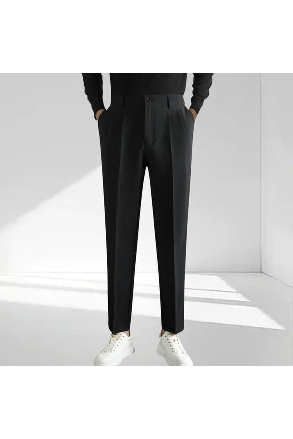 Men's Fashion Suit Pants with Side Elastic Waist & Button Closure Solid Color Pockets Straight Cut Business Office Attire,Plus Size