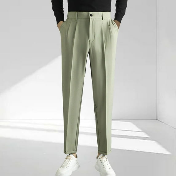 Handshe Men's Fashion Suit Pants with Side Elastic Waist & Button Closure Solid Color Pockets Straight Cut Business Office Attire,Plus Size