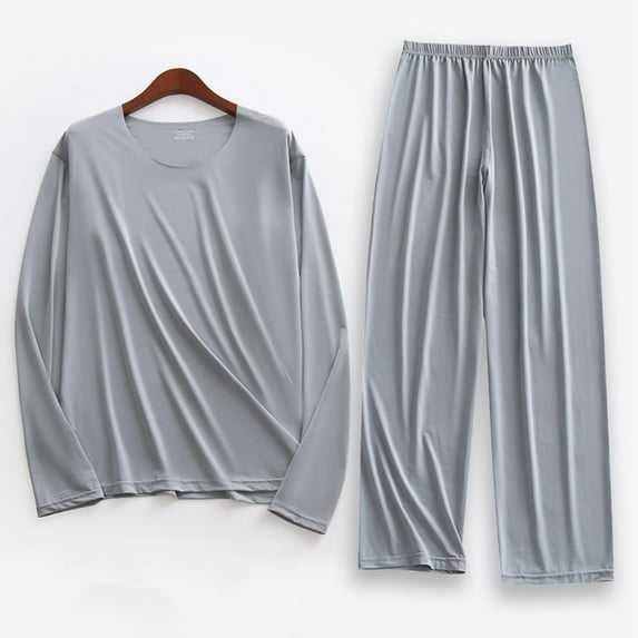 Handshe Men's Fashion Summer Workout & Lounge Long Sleeve Round Neck Shirt and Top Set, Solid Color Athletic Casual Home Wear Outfit for Gym Training,Plus Size