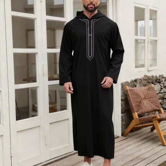 Handshe Men's Fashionable Embroidered Thobe, Long Sleeve Loose Fit Hooded with Pockets, Comfortable Pullover Garment for Daily Use