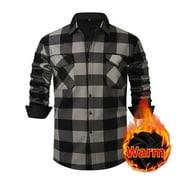 HANDSHE Men's Flannel-Lined Shirt Jacket, Button-Down Collar with Checkered Design, Dual Pockets Winter Warm Thermal Insulated Casual Outerwear for Fall and Outdoor Activities