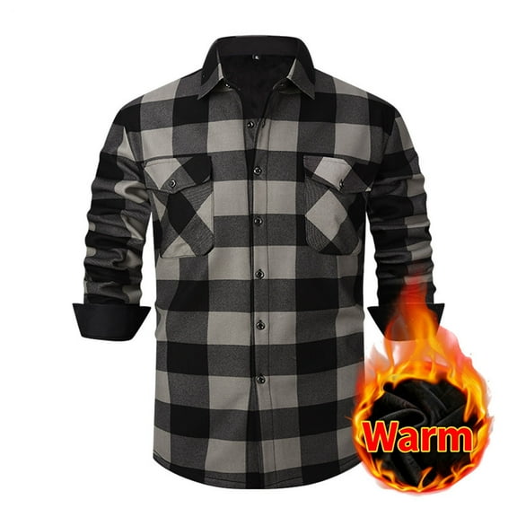 Handshe Men's Flannel-Lined Shirt Jacket, Button-Down Collar with Checkered Design, Dual Pockets Winter Warm Thermal Insulated Casual Outerwear for Fall and Outdoor Activities