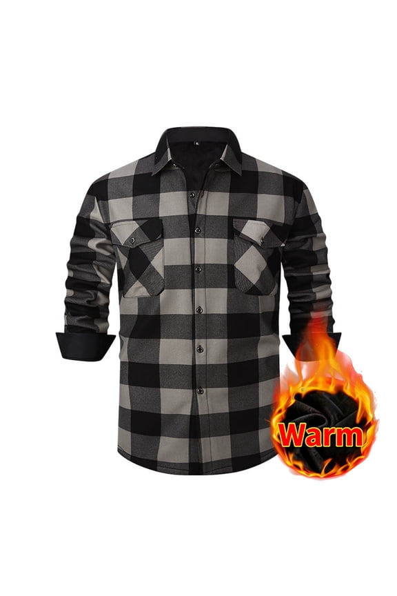 Men's Flannel-Lined Shirt Jacket, Button-Down Collar with Checkered Design, Dual Pockets Winter Warm Thermal Insulated Casual Outerwear for Fall and Outdoor Activities