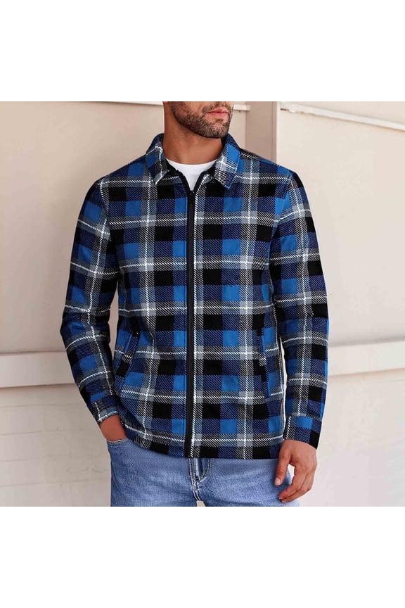 Men's Fleece Jacket, Loose Fit with Plaid and Zipper Pockets, Casual Warm Long Sleeve with Lapel Collar for Daily Wear and Autumn Winter