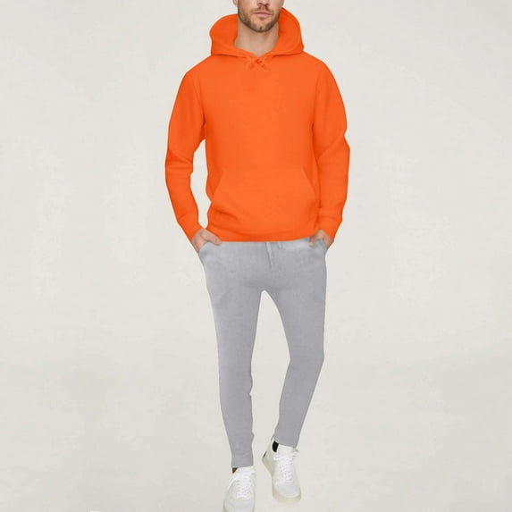 Handshe Men's Fleece-Lined Casual Pants and Hooded Sweatshirt Set, Solid Color Relaxed Fit Drawstring Pocket Winter Outdoor Activities Lounge Wear