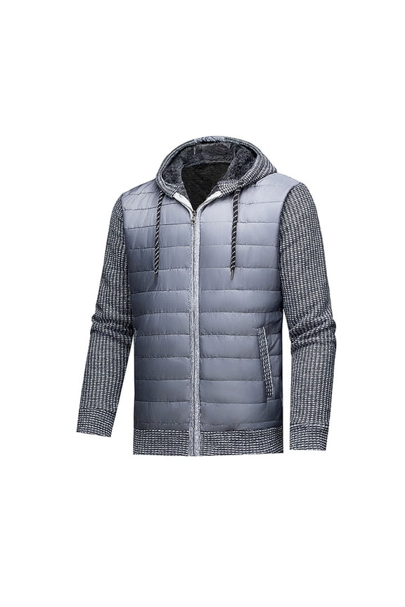 Men's Fleece-Lined Cotton Sweater Jacket with Patched Leather, Hooded Long Sleeve and Zipper Pockets for Daily Casual Wear