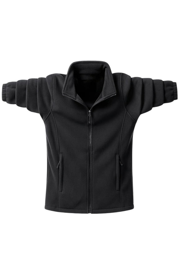 Men's Fleece Zipper Hoodie Jacket, Solid Color Long Sleeve Stand Collar Outdoor Warmth, Hiking Camping Winter Coat,Plus Size
