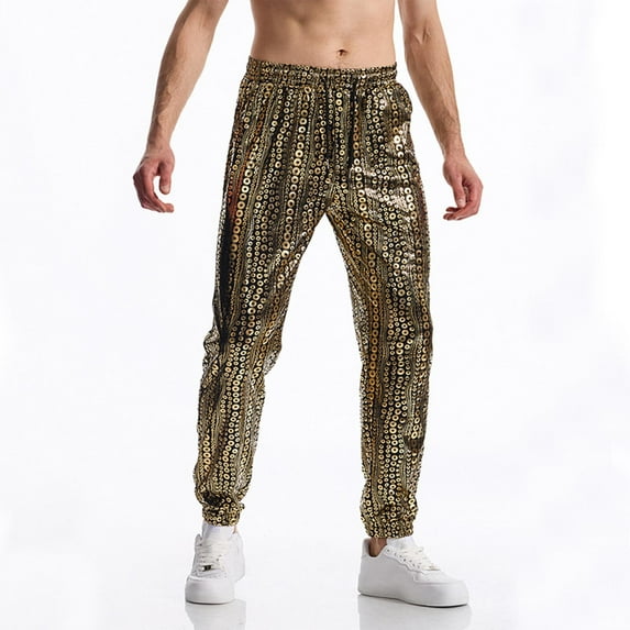 Handshe Men's Glossy Foil Print Disco Casual Pants with Elastic Waistband and Cuffed Ankles Retro Stylish Design
