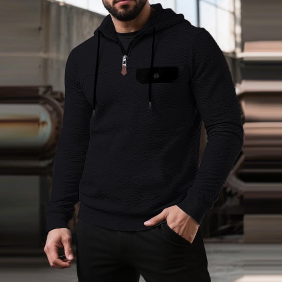 Handshe Men's Half-Zip Hooded Sweatshirt, Solid Color Casual Pullover with Decorative Pockets, Long Sleeve Athletic Wear for Outdoor Activities and Gym Workouts