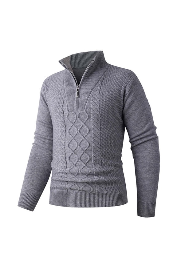 Men's Half-Zip Long Sleeve Knit Sweater Mock Stand-Up Collar Cable Diamond Pattern Solid Color Warm Fall Winter Casual