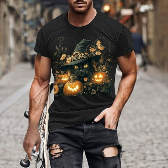 Handshe Men's Halloween Graphic Short Sleeve Round Neck T-Shirt - Comfortable T-Shirt