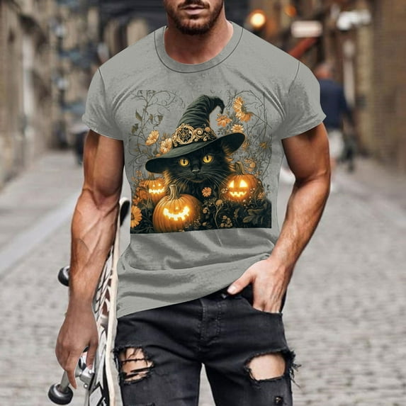 Handshe Men's Halloween Graphic Short Sleeve Round Neck T-Shirt - Comfortable T-Shirt