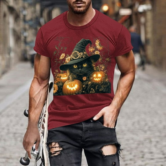 Handshe Men's Halloween Graphic Short Sleeve Round Neck T-Shirt - Comfortable T-Shirt