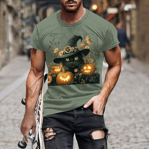 Handshe Men's Halloween Graphic Short Sleeve Round Neck T-Shirt - Comfortable T-Shirt