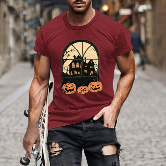 Handshe Men's Halloween Print Round Neck Short Sleeve T-Shirt - Comfortable Casual Blouse