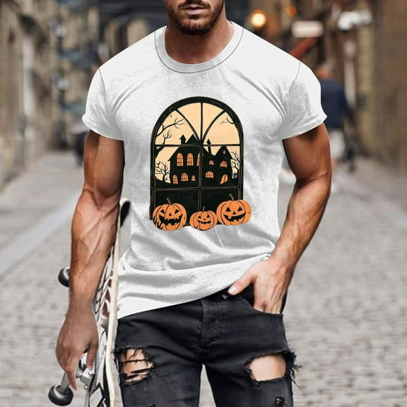 Handshe Men's Halloween Print Round Neck Short Sleeve T-Shirt - Comfortable Casual Blouse