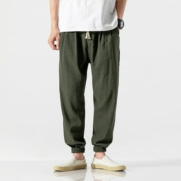Handshe Men's Harem Pants Linen Cotton Breathable Cuffed Design Casual Trousers with Fashionable Style