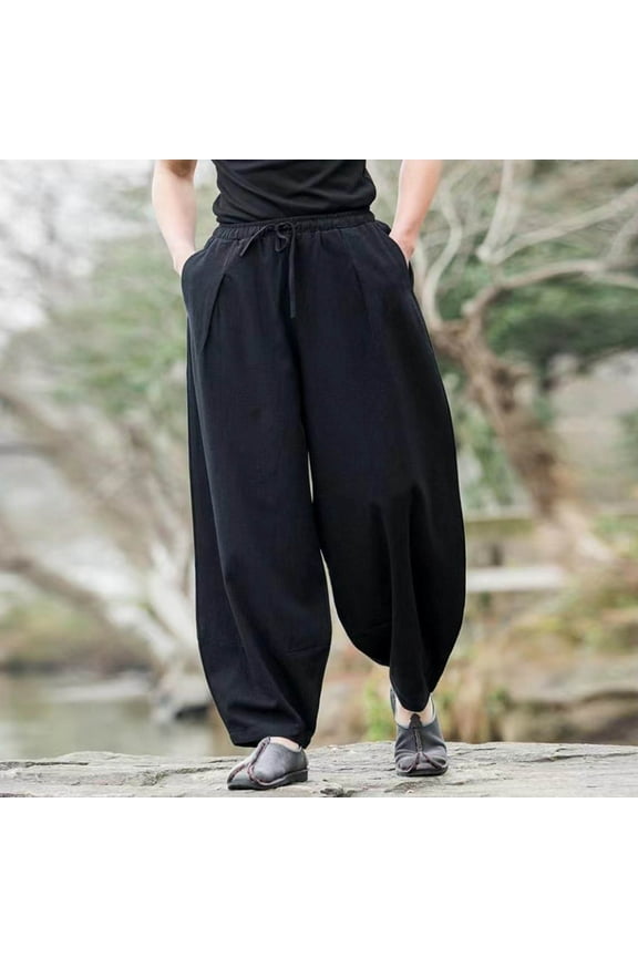 Men's Harem Pants with Drop Crotch and Wide Leg Design - Multi-Functional Outdoor Beach Gym Sweatpants with Pockets