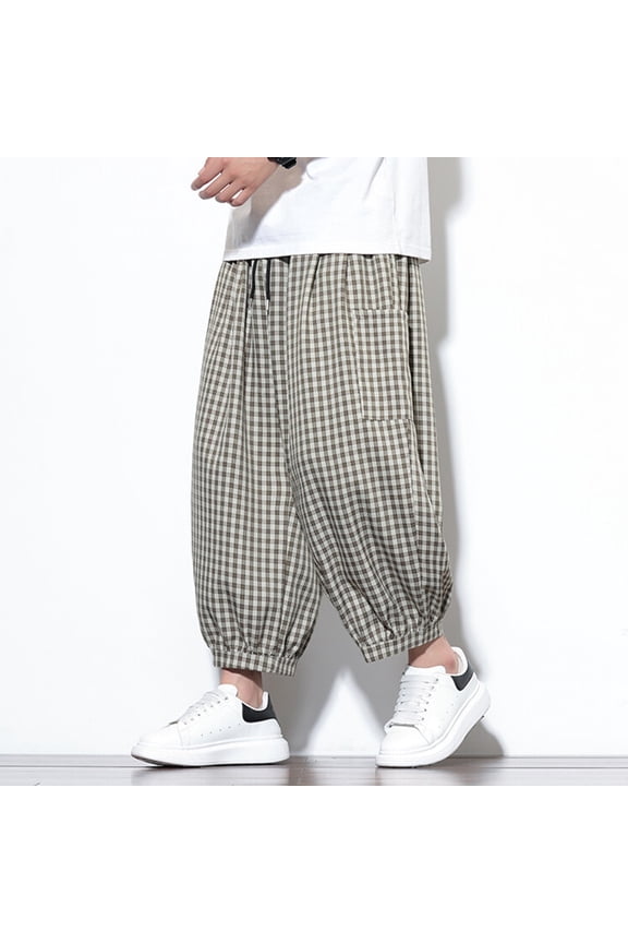 Men's Harem Pants with Pockets Plaid Elastic Waist Cuffed Capris for Casual Comfort,Plus Size