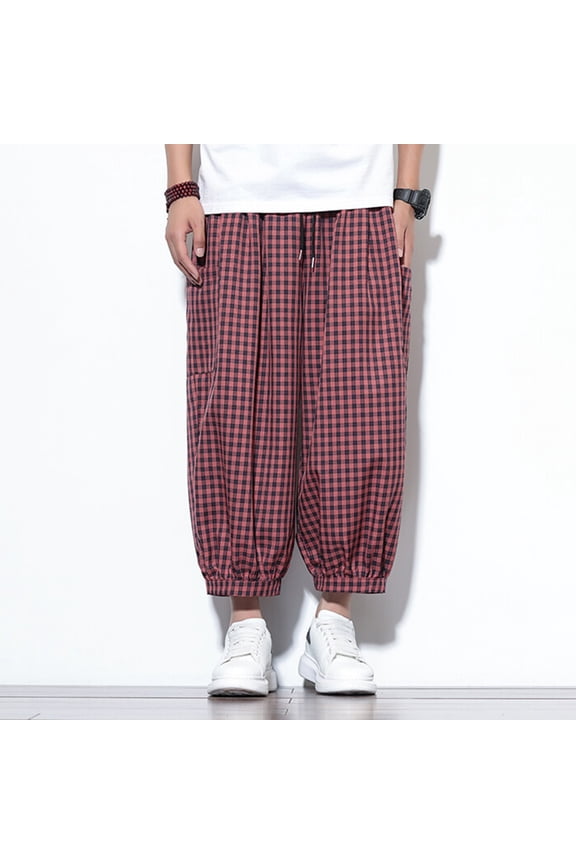 Men's Harem Pants with Pockets Plaid Elastic Waist Cuffed Capris for Casual Comfort,Plus Size
