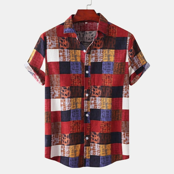 Handshe Men's Hawaiian Patchwork Short - Sleeve Beach Casual Shirt