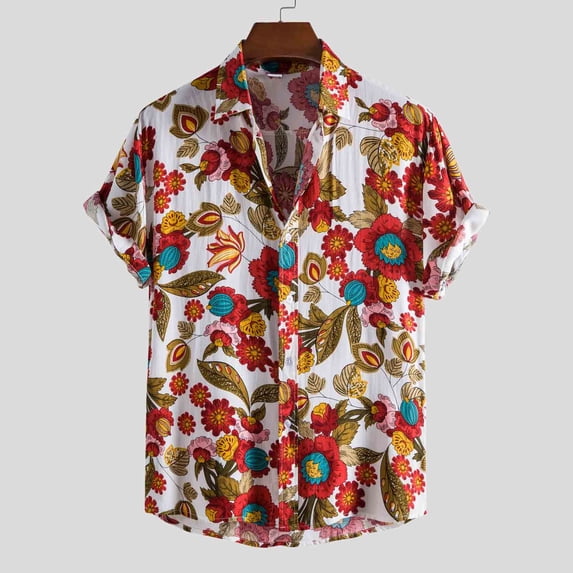 Handshe Men's Hawaiian Patchwork Short - Sleeve Beach Casual Shirt