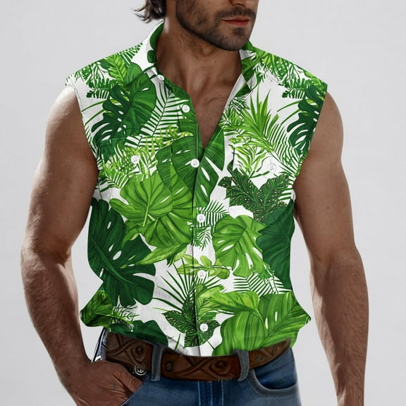 Handshe Men's Hawaiian Printed Lapel Pocket Cardigan Shirt, Lapel Vest Top