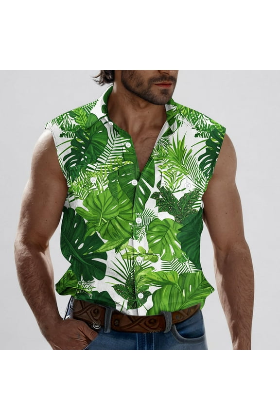 Men's Hawaiian Printed Lapel Pocket Cardigan Shirt, Lapel Vest Top