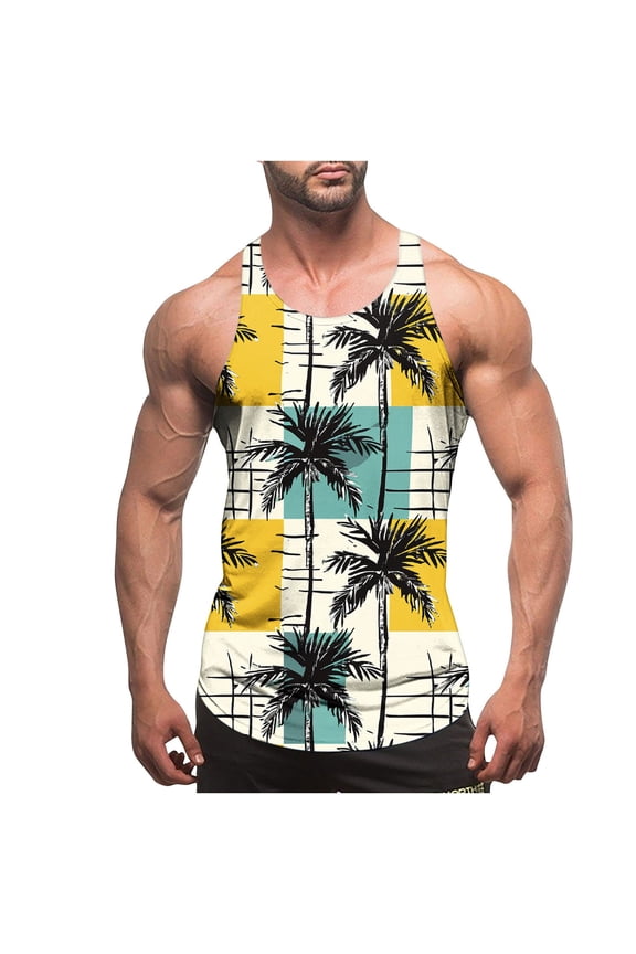 Men's Hawaiian Printed Vest Top, Thin - Strap Open - Back Crew Neck Sports Vest