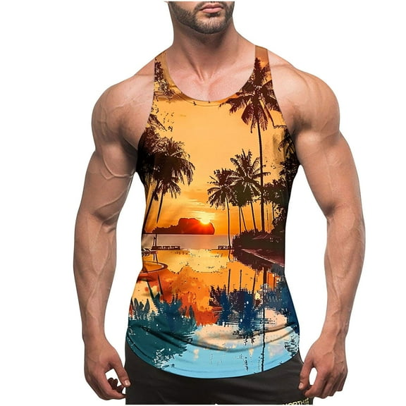 Handshe Men's Hawaiian Printed Vest Top, Thin - Strap Open - Back Crew Neck Sports Vest