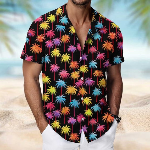 Handshe Men's Hawaiian Shirt, Short Sleeve with All-Over Print and No Pockets for Beach Vacation and Casual Wear