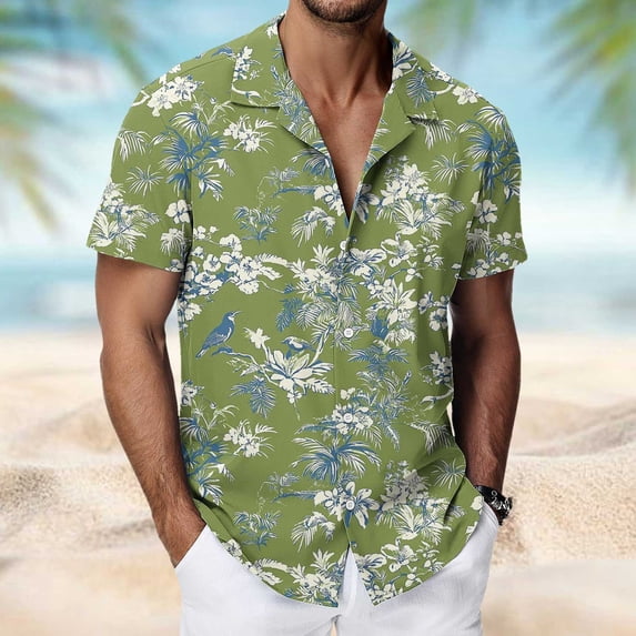 Handshe Men's Hawaiian Shirt, Short Sleeve with Random Print and No Pockets, Lightweight and Breathable for Beach Vacation and Casual Wear