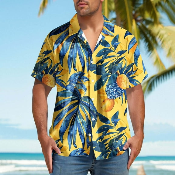 Handshe Men's Hawaiian Shirt Tops Vintage Short Sleeve Button Down Beach Shirt Male Tropical Floral Summer Pullover Party Holiday