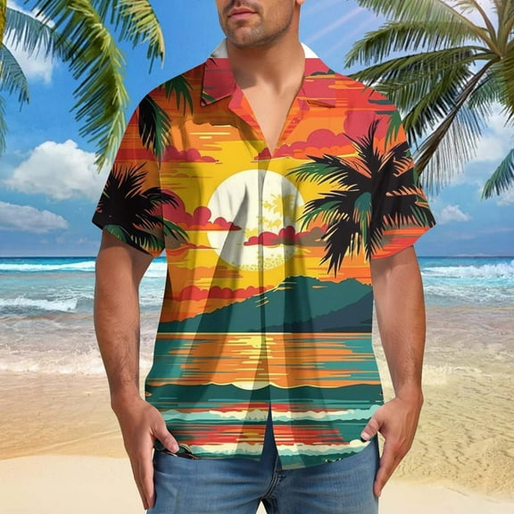 Handshe Men's Hawaiian Shirt Tops Vintage Short Sleeve Button Down Beach Shirt Male Tropical Floral Summer Pullover Party Holiday