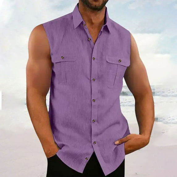 Handshe Men's Hawaiian Sleeveless Solid Color Linen Button - Up Shirt with Lapel Pocket Beach Shirt