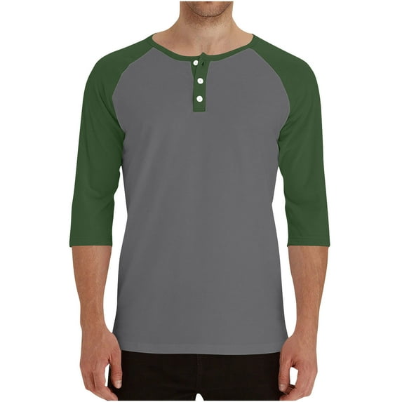 Handshe Men's Henley Button-Up Shirts, Simple Design Solid Color Raglan Three-Quarter Sleeve Crew Neck Tops for Casual Outfit,Plus Size