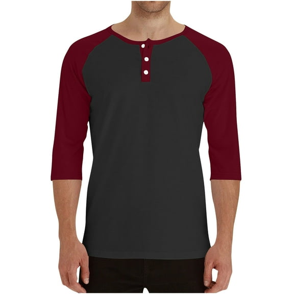 Handshe Men's Henley Button-Up Shirts, Simple Design Solid Color Raglan Three-Quarter Sleeve Crew Neck Tops for Casual Outfit,Plus Size